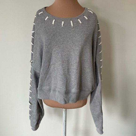 Jonathan Simkhai Loopback Whipstitch Lace Up Gray Cropped Cotton Sweatshirt Sz M - Picture 2 of 10